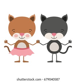 colorful caricature with couple of cats holding hands vector illustration