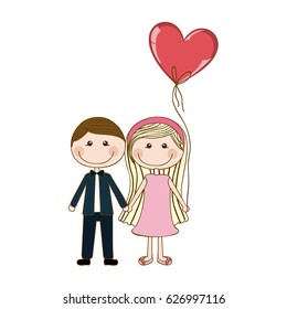 colorful caricature of couple him in formal suit with tie and her in dress with balloon in shape of heart vector illustration