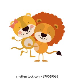 colorful caricature with couple of lioness and lion one carrying the other vector illustration