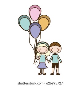 colorful caricature of couple in suit informal with many balloons vector illustration