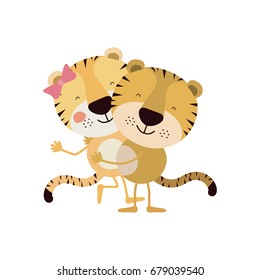 colorful caricature with couple of tigers one carrying the other vector illustration