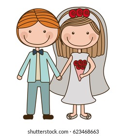 Colorful Caricature Couple In Wedding Suit With Short Hair Vector Illustration