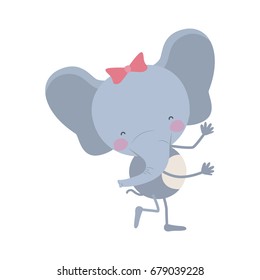 colorful caricature of cute expression female elephant in dance pose with bow lace vector illustration