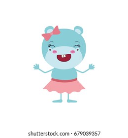 colorful caricature of cute expression female hippo in skirt with bow lace and wink eyes vector illustration
