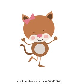 colorful caricature of cute expression female kitten in dance pose with bow lace vector illustration