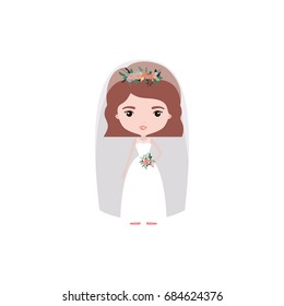 colorful caricature cute woman in wedding dress with wavy short hair vector illustration