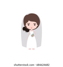 colorful caricature cute woman in wedding dress with bun side hairstyle vector illustration