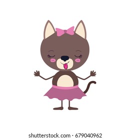 colorful caricature of disgust expression female cat in skirt with bow lace and sticking out tongue vector illustration