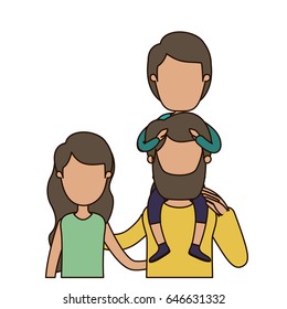 colorful caricature faceless front view half body family with wavy long hair woman and bearded man with boy on his back vector illustration