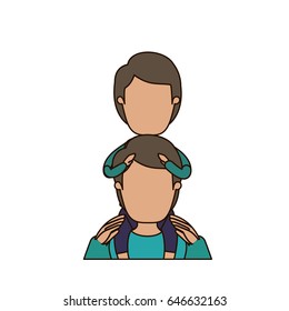 colorful caricature faceless front view half body young father with boy on his back vector illustration