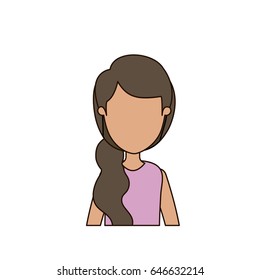 colorful caricature faceless front view half body woman with side ponytail hair vector illustration