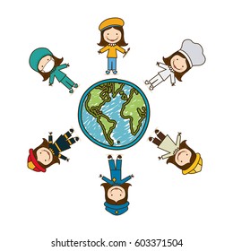 colorful caricature female people professions around world earth map vector illustration