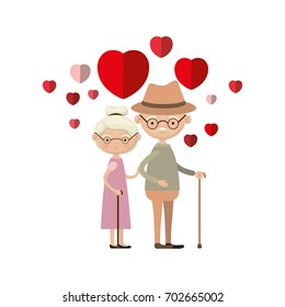 colorful caricature full body elderly couple embraced with floating hearts grandfather with hat in walking stick and grandmother with collected hair and glasses vector illustration