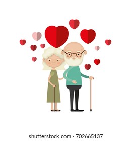 colorful caricature full body elderly couple embraced with floating hearts bearded grandfather in walking stick and grandmother with wavy hair vector illustration