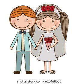 colorful caricature groom with formal wear and bride with pigtails hairstyle vector illustration