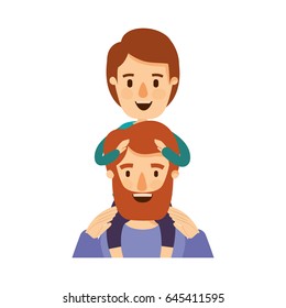 colorful caricature half body bearded father with boy on his back vector illustration