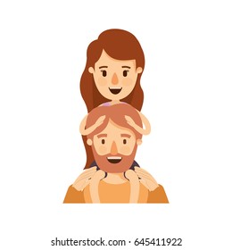 colorful caricature half body bearded father with girl on his back vector illustration