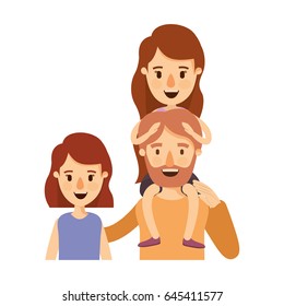 colorful caricature half body family with short hair woman and bearded man with girl on his back vector illustration
