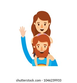 colorful caricature half body super dad hero greeting with girl on his back