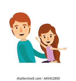 colorful caricature half body young man carrying a little girl vector illustration