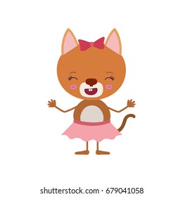 colorful caricature of happiness expression female cat in skirt with bow lace vector illustration