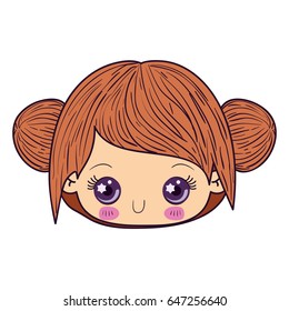 colorful caricature kawaii face little girl with collected hair cute expression vector illustration