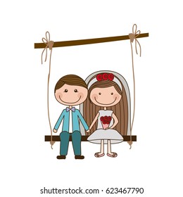 colorful caricature married guy and girl sit in swing hanging from a branch vector illustration