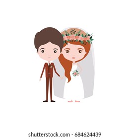 colorful caricature newly married couple groom with formal wear and bride with wavy side long hairstyle vector illustration