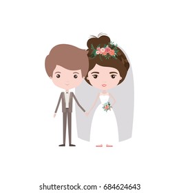 colorful caricature newly married couple groom with formal wear and bride with collected hairstyle vector illustration
