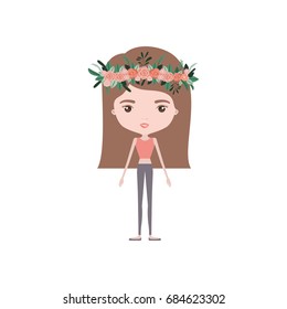 colorful caricature skinny woman in clothes with straight medium hairstyle and flower crown accesory vector illustration