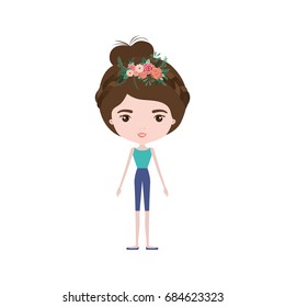 colorful caricature skinny woman in clothes with bun collected hairstyle and flower crown accesory vector illustration