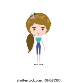 colorful caricature skinny woman in clothes with side ponytail hairstyle and flower crown accesory vector illustration