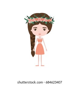 colorful caricature skinny woman in clothes with side braid hairstyle and flower crown accesory vector illustration