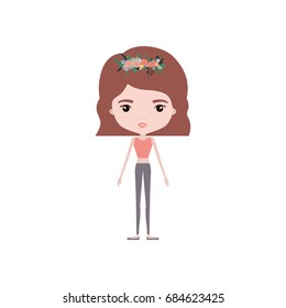 colorful caricature skinny woman in clothes with wavy short hairstyle and flower crown accesory vector illustration