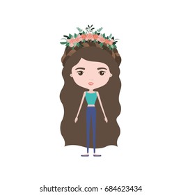 colorful caricature skinny woman in clothes with wavy long hairstyle and flower crown accesory vector illustration