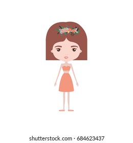 colorful caricature skinny woman in clothes with short hairstyle and flower crown accesory vector illustration