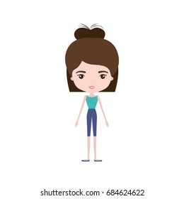 colorful caricature skinny woman in clothes with bun medium modern hairstyle vector illustration