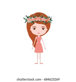 colorful caricature skinny woman in dress with wavy side long hairstyle and flower crown accesory vector illustration