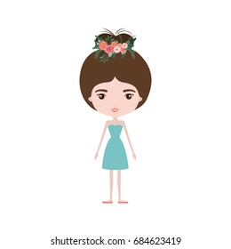 colorful caricature skinny woman in dress with bun collected hairstyle and flower crown accesory vector illustration