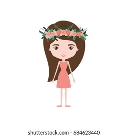 colorful caricature skinny woman in dress with long hairstyle and flower crown accesory vector illustration