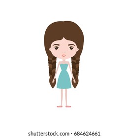 colorful caricature skinny woman in dress with double braids hairstyle vector illustration