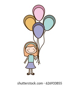 colorful caricature of smiling girl with dress and short hair and many balloons vector illustration