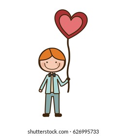 colorful caricature of smiling kid with bow tie and balloon in shape of heart vector illustration