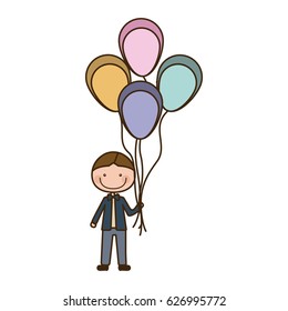 colorful caricature of smiling kid with bow tie and many balloons vector illustration
