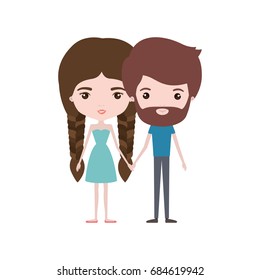 colorful caricature thin couple of bearded man and woman in dress with double braids hairstyle holding hands vector illustration