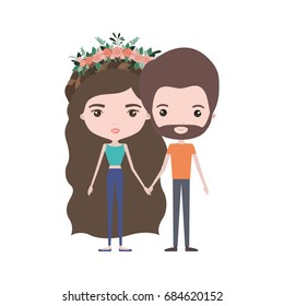 colorful caricature thin couple of bearded man and woman wavy long hairstyle with flower crown and holding hands vector illustration