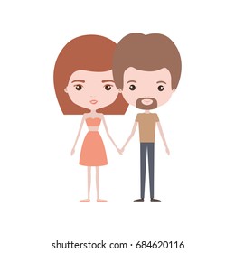 colorful caricature thin couple in clothes of bearded man and woman in skirt and top with straight medium hairstyle holding hands vector illustration