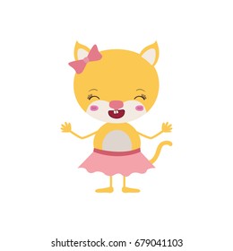 colorful caricature of wink eyes expression female cat in skirt with bow lace vector illustration
