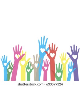 Colorido tallado manos arriba corazones vectorial elemento de diseño del logo. Los voluntarios se ponen manos a la obra con un icono del emblema del corazón para la educación, la atención de la salud, la medicina, el voluntariado, el voto.