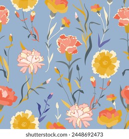 Colorful Carnation Seamless Pattern on blue background. Spring floral background for fashion prints, fabric, wrapping paper, wallpaper, textile, cover, greeting card